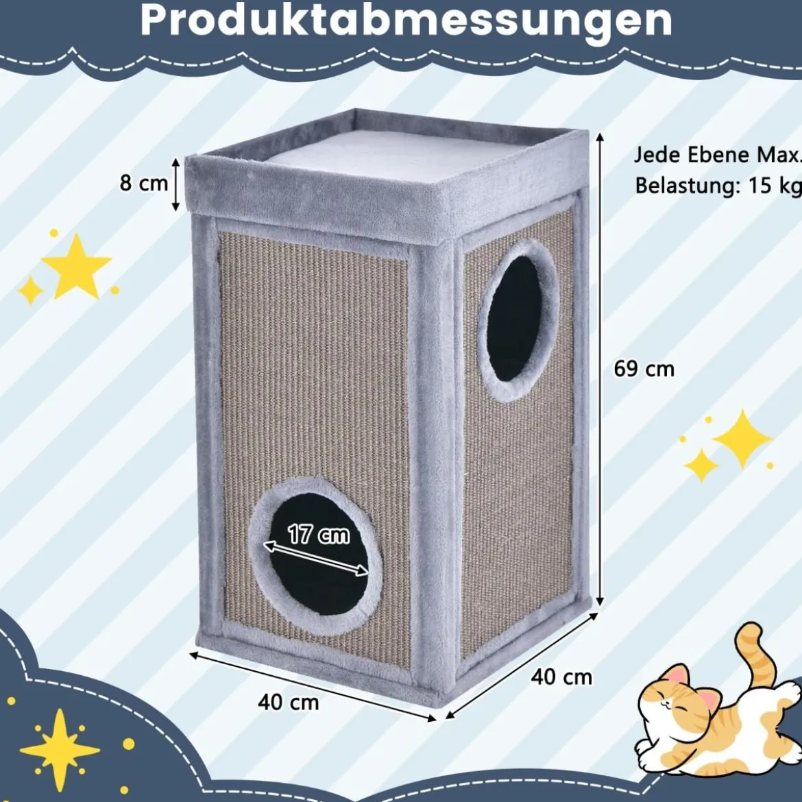 2-stöckiges Katzenhaus mit versteckter Höhle abnehmbarem Kissen Sisal Kratzunterlage & oberer Plattform mit Plüschstoffbezug Grau