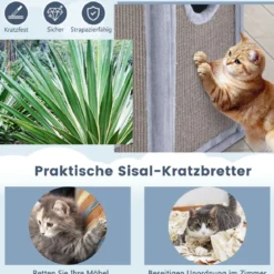 2-stöckiges Katzenhaus mit versteckter Höhle abnehmbarem Kissen Sisal Kratzunterlage & oberer Plattform mit Plüschstoffbezug Grau