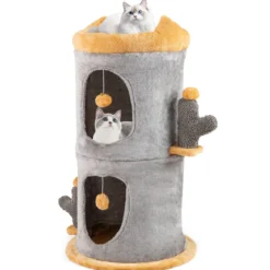 2-stöckiges Katzenhaus niedlicher kleiner Katzenbaum mit 2 gemütlichen Katzenhöhle Grau+Orange