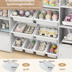 4-stöckiges Kinderregal mit 8 Boxen & 2 Schänken & Regalen Holz Spielzeugschrank Weiß