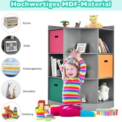 3-Stöckiges Kinderregal mit 6 Offenen Regalen & 3 Farbigen Körben 81 x 61 x 94 cm Grau