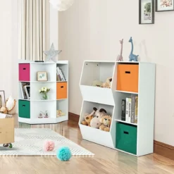 3-stöckiges Kinderregal mit 2 Zusätzlichen Körben Modernes Eckregal 76 x 28 x 94 cm Weiß