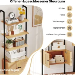 5-stöckiges Leiterregal Bücherregal Wandregal mit Schrank Kippschutz-Kits und Metallrahmen 60 x 31 x 184 cm Natur