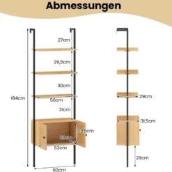 5-stöckiges Leiterregal Bücherregal Wandregal mit Schrank Kippschutz-Kits und Metallrahmen 60 x 31 x 184 cm Natur