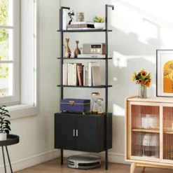 5-stöckiges Leiterregal Bücherregal Wandregal mit Schrank Kippschutz-Kits und Metallrahmen Schwarz 60 x 35 x 184 cm