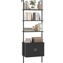 5-stöckiges Leiterregal Bücherregal Wandregal mit Schrank Kippschutz-Kits und Metallrahmen Schwarz 60 x 35 x 184 cm