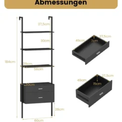 6-stöckiges Leiterregal mit 2 Schubladen Wandmontiertes Bücherregal mit Metallrahmen