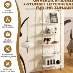 5-Stöckiges Leiterregal Wandregal mit Stahlrahmen 60 x 30 x 180 cm Weiß & Gold