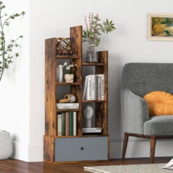 7-Stöckiges Offenes Bücherregal mit Schublade 53 x 24 x 118 cm Braun