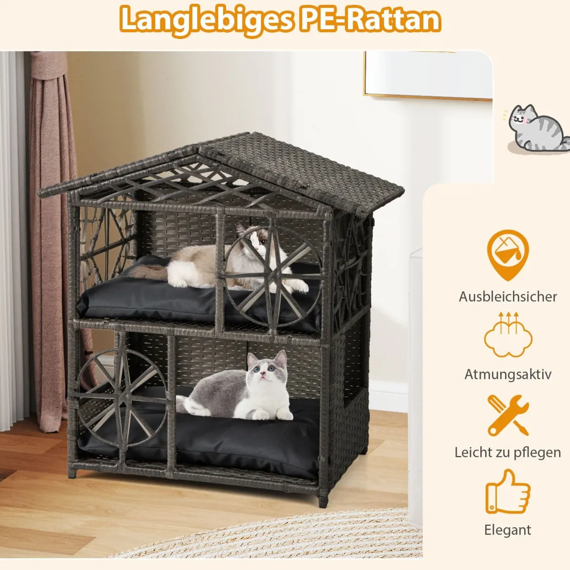 2-stöckiges Rattan-Katzenhaus mit Abnehmbaren Kissen Erhöhter Katzenschrank Katzenhöhle