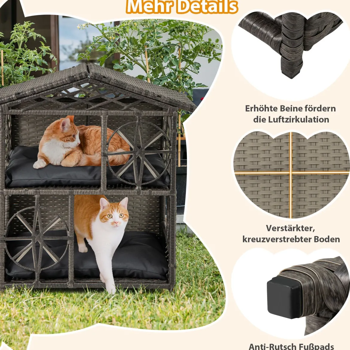 2-stöckiges Rattan-Katzenhaus mit Abnehmbaren Kissen Erhöhter Katzenschrank Katzenhöhle