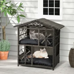 2-stöckiges Rattan-Katzenhaus mit Abnehmbaren Kissen Erhöhter Katzenschrank Katzenhöhle