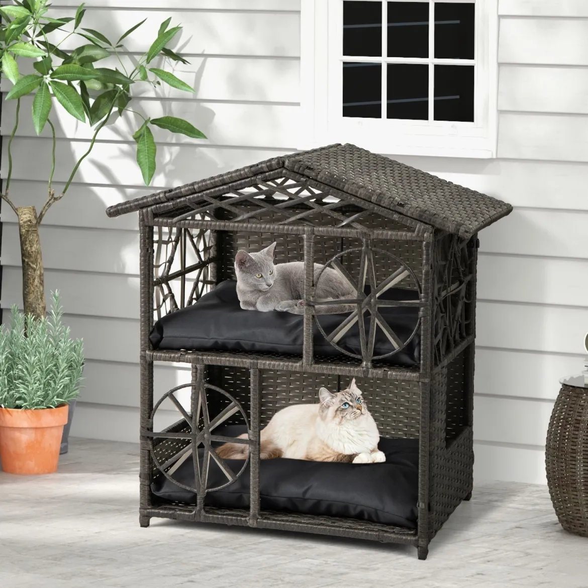 2-stöckiges Rattan-Katzenhaus mit Abnehmbaren Kissen Erhöhter Katzenschrank Katzenhöhle
