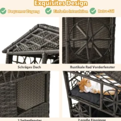 2-stöckiges Rattan-Katzenhaus mit Abnehmbaren Kissen Erhöhter Katzenschrank Katzenhöhle
