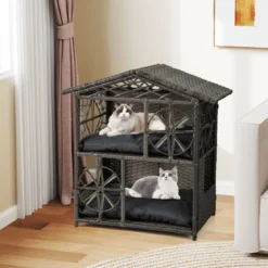 2-stöckiges Rattan-Katzenhaus mit Abnehmbaren Kissen Erhöhter Katzenschrank Katzenhöhle