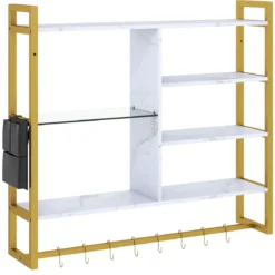 6-stöckiges schwebende Wandregal Hängeregal mit 8 S-Haken & Seitentasche 107 x 24 x 96 cm Weiß (Ohne Licht)