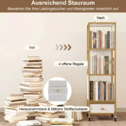 4 Stöckiges Standregal auf Rollen Bücherregal mit Holzplatte & Stoff-Schublade Bücherwagen Weiß