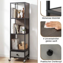 4 stöckiges Standregal auf Rollen Bücherregal mit Holzplatte & Stoff-Schublade Bücherwagen Grau