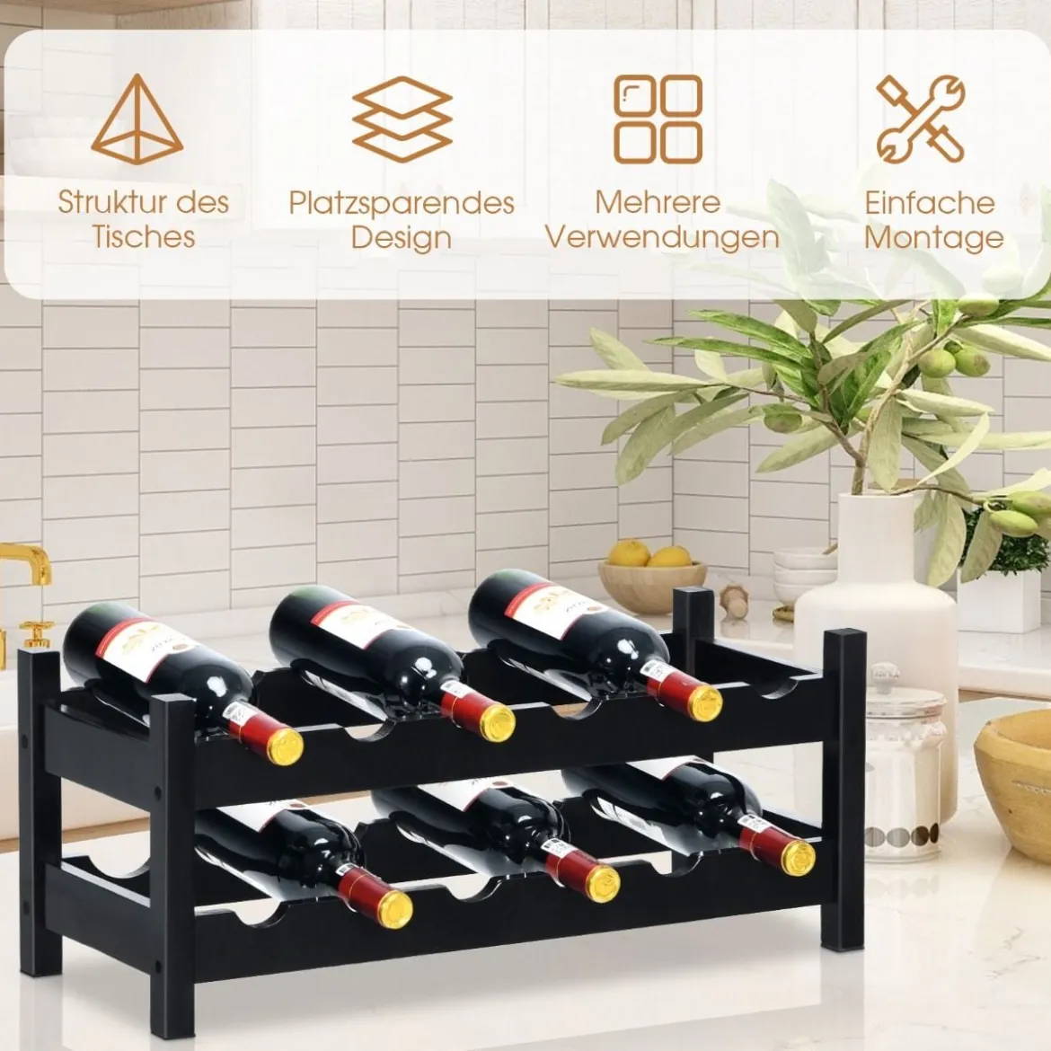 2 stöckiges Weinregal aus Bambus Flaschenständer Weinständerfür 12 Flaschen Flaschenregal Weinflaschenhalter Braun