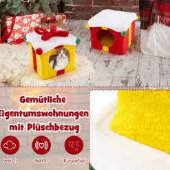 2-stöckige Weihnachten Katzenhöhle mit Schleife & Ball Stapelbare Geschenkboxen Katzenhaus