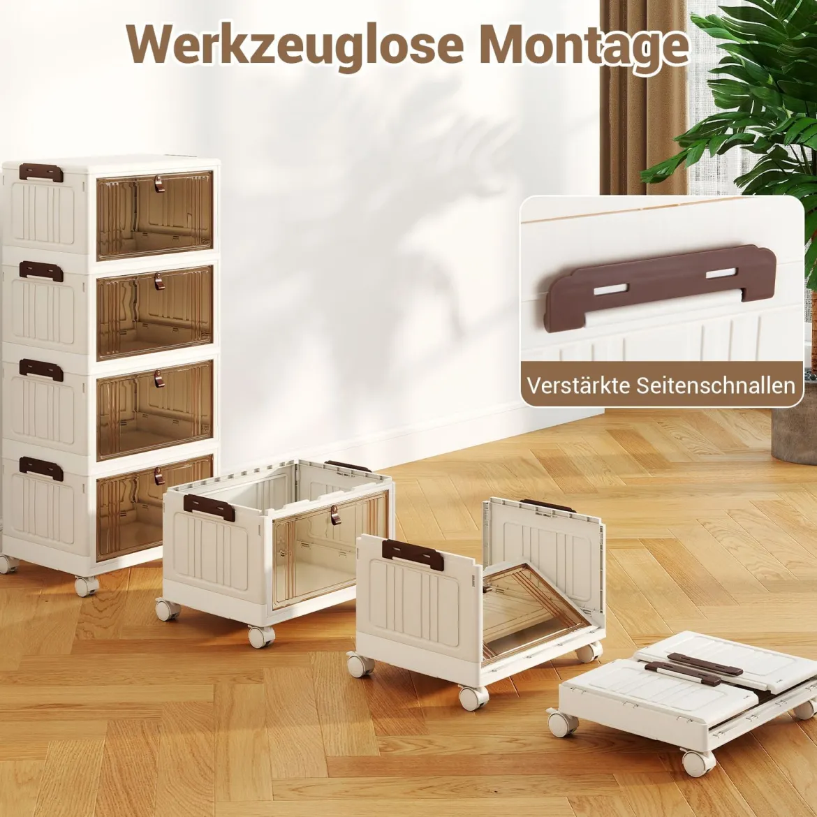 4-stöckige zusammenklappbare Schuhbox stapelbare Aufbewahrungsbox mit Deckel Weiß