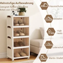 4-stöckige zusammenklappbare Schuhbox stapelbare Aufbewahrungsbox mit Deckel Weiß