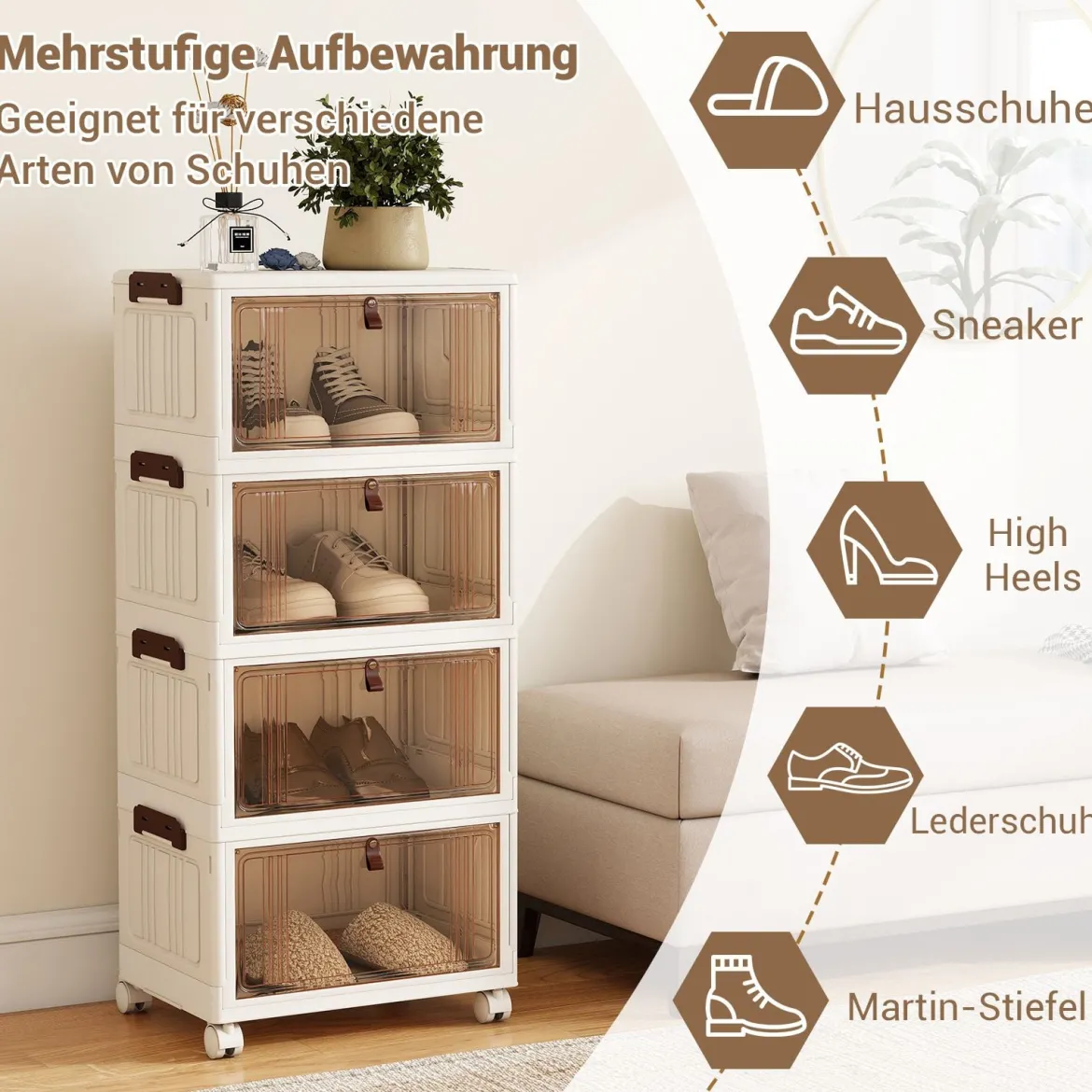 4-stöckige zusammenklappbare Schuhbox stapelbare Aufbewahrungsbox mit Deckel Weiß