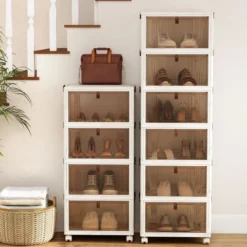 4-stöckige zusammenklappbare Schuhbox stapelbare Aufbewahrungsbox mit Deckel Weiß