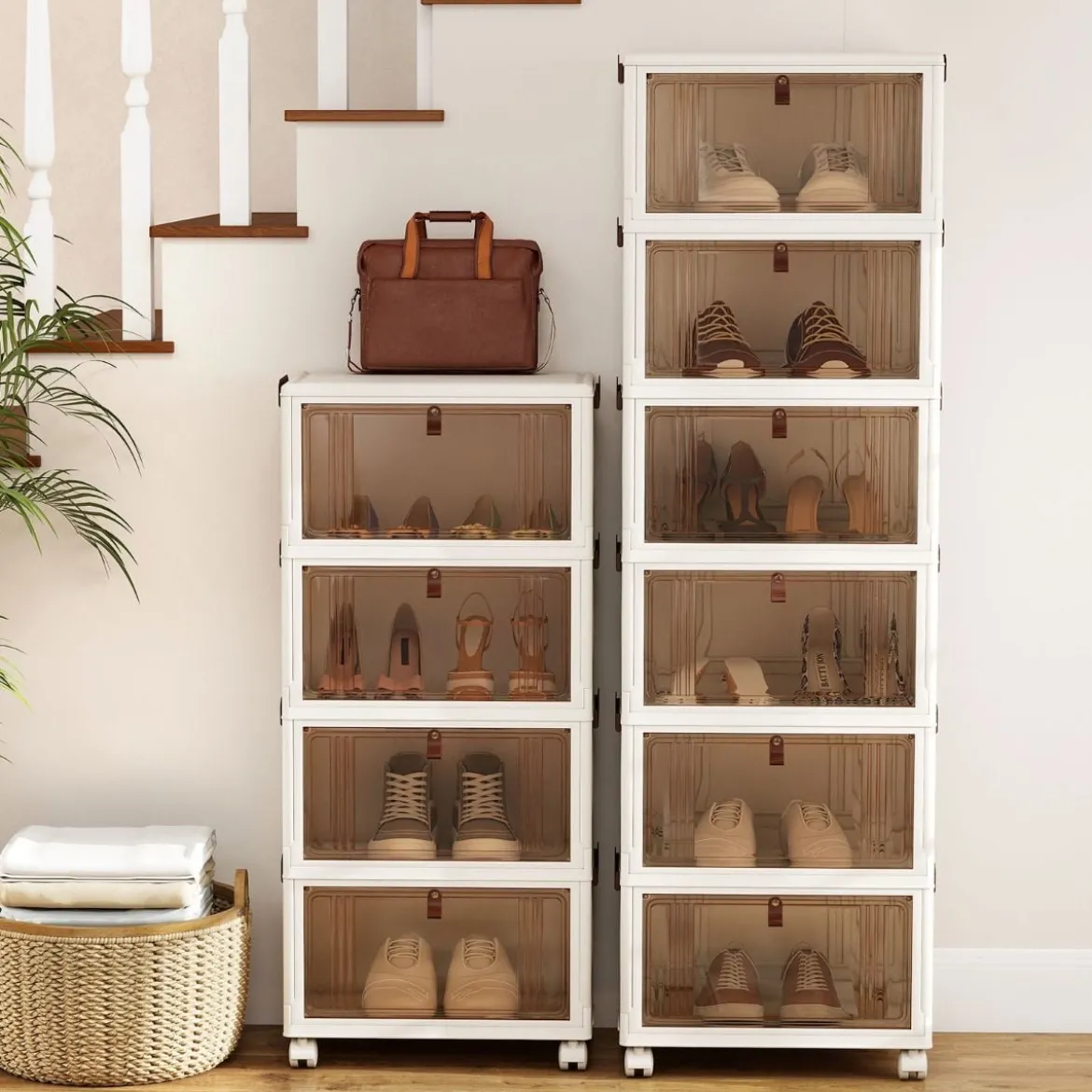 4-stöckige zusammenklappbare Schuhbox stapelbare Aufbewahrungsbox mit Deckel Weiß