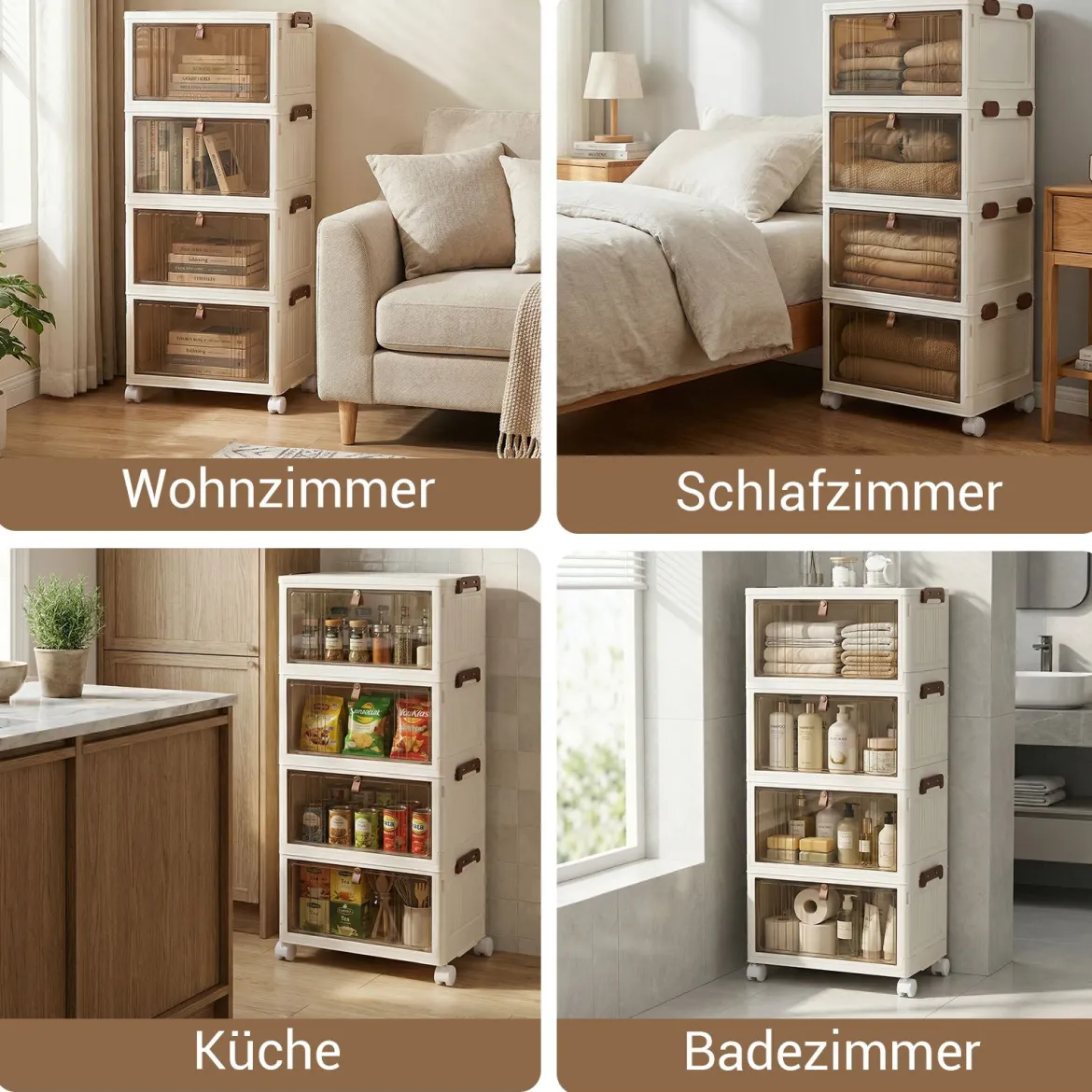 4-stöckige zusammenklappbare Schuhbox stapelbare Aufbewahrungsbox mit Deckel Weiß