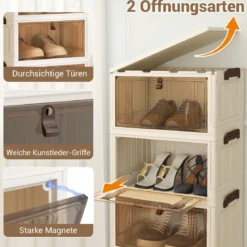 4-stöckige zusammenklappbare Schuhbox stapelbare Aufbewahrungsbox mit Deckel Weiß