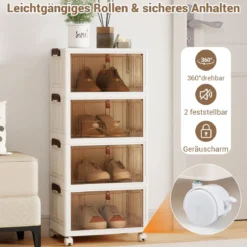 4-stöckige zusammenklappbare Schuhbox stapelbare Aufbewahrungsbox mit Deckel Weiß