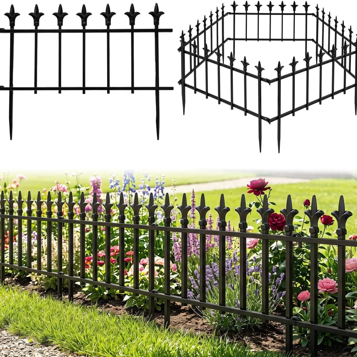 5 Stück Metall Steckzaun Dekorativer Gartenzaun aus Metall Rostfrei 56 x 44 cm Schwarz
