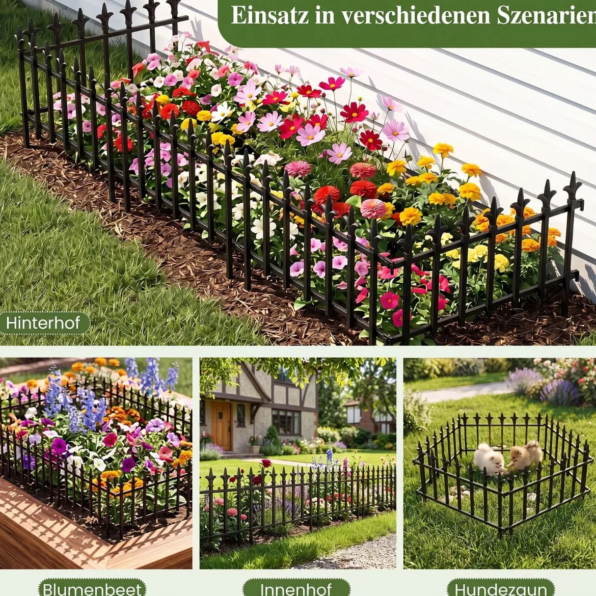 5 Stück Metall Steckzaun Dekorativer Gartenzaun aus Metall Rostfrei 56 x 44 cm Schwarz