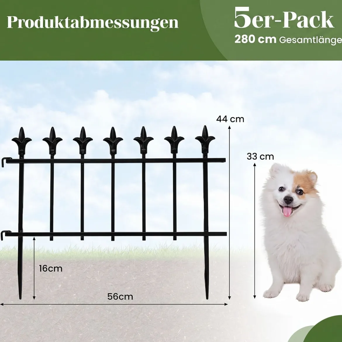 5 Stück Metall Steckzaun Dekorativer Gartenzaun aus Metall Rostfrei 56 x 44 cm Schwarz