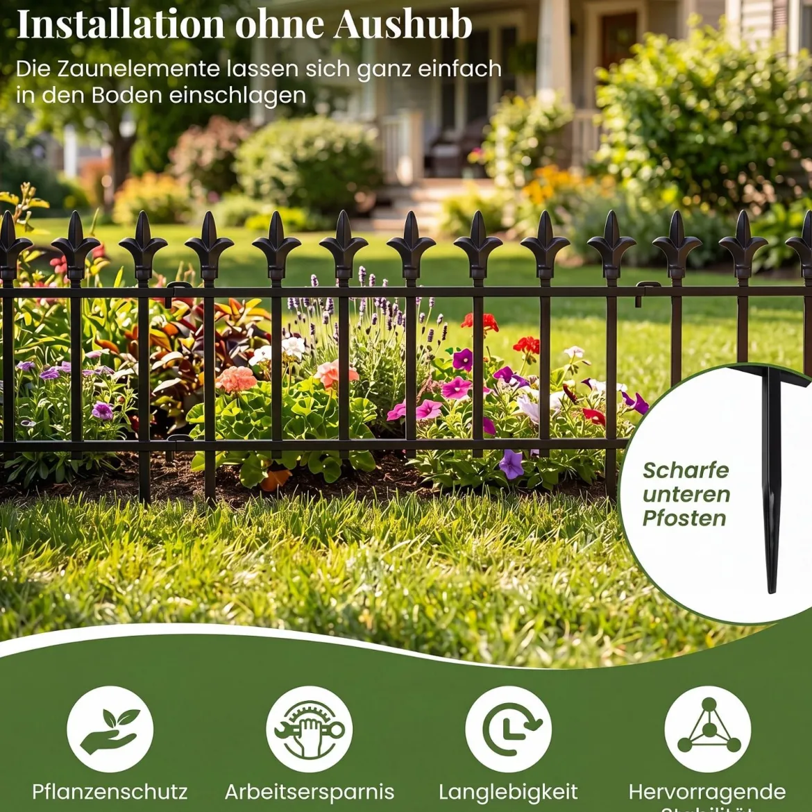 5 Stück Metall Steckzaun Dekorativer Gartenzaun aus Metall Rostfrei 56 x 44 cm Schwarz