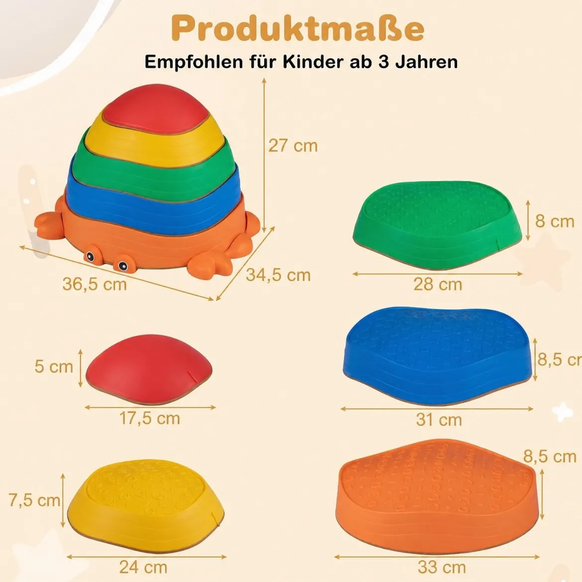 5 Stück Rutschfeste Balanciersteine für Kinder ab 3 Jahren im Krabben-Design Mehrfarbig