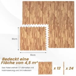 12 Stück Schutzmatte aus Eva mit Holzmasserung Puzzlematte für Bodenschutz 61 x 61 cm Natur