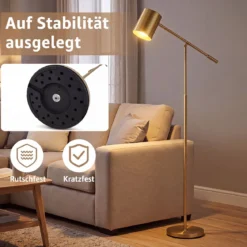 Stehlampe 175 cm Leselampe mit Verstellbarem Kopf & Arm Wohnzimmerlampe mit E27 Fassung Golden