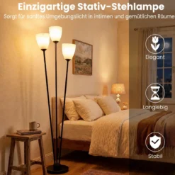 Stehlampe 153 cm Stehleuchte mit 3 E27-fassungen Leselampe 3 Flammig mit Lampenschirm Schwarz