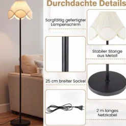 Stehlampe Dimmbar 159 cm Stehleuchte mit Stufenlos Einstellbare Helligkeit & Stoff-Lampenschirm Schwarz