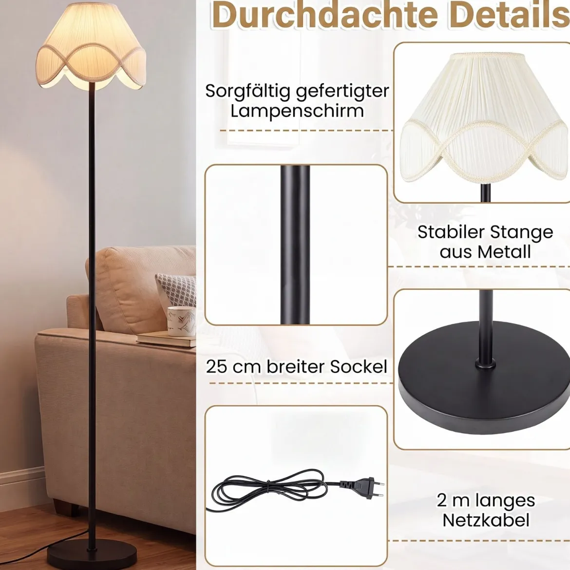 Stehlampe Dimmbar 159 cm Stehleuchte mit Stufenlos Einstellbare Helligkeit & Stoff-Lampenschirm Schwarz