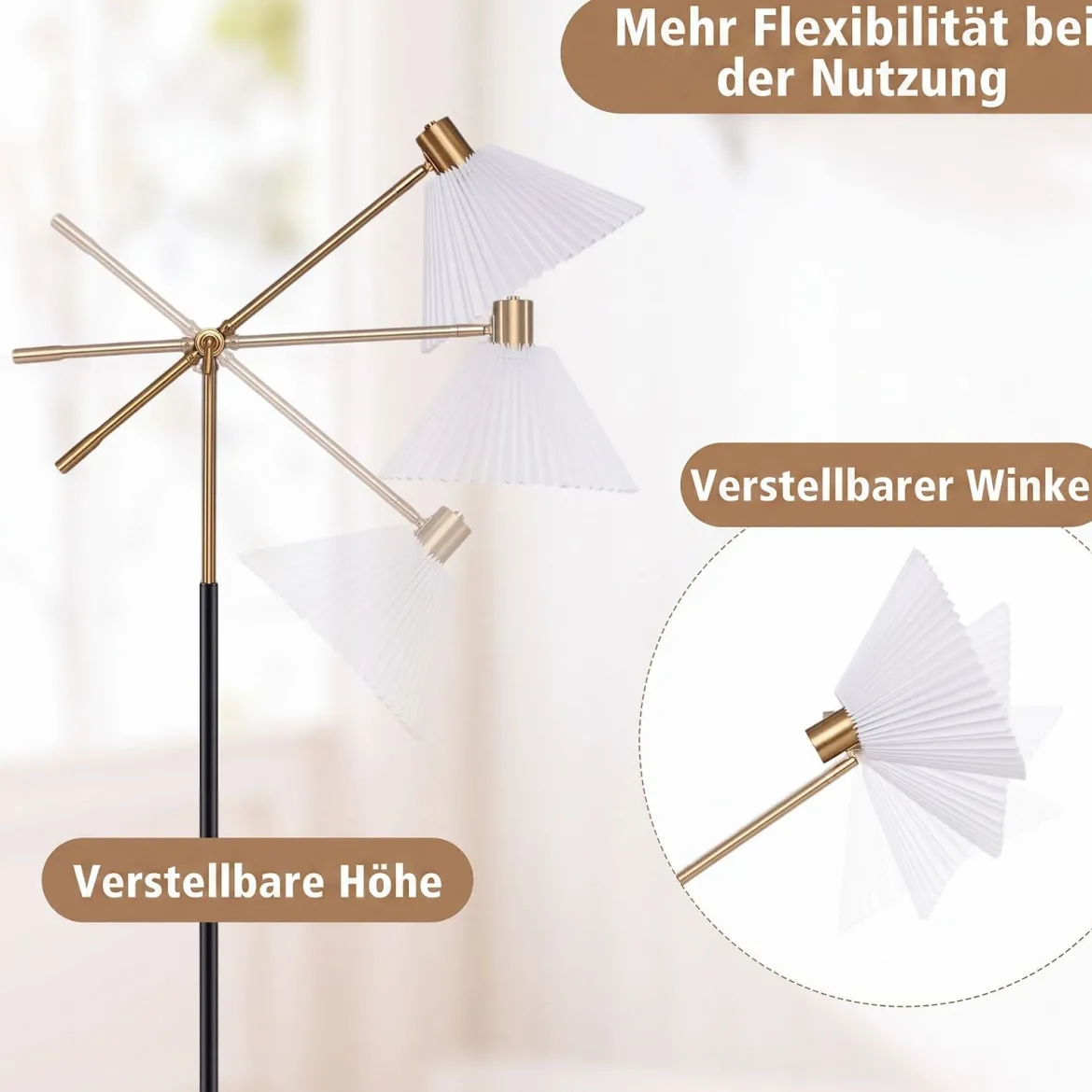 Stehlampe höhenverstellbar Standleuchte mit Einstellbarem Winkel 157 cm Golden