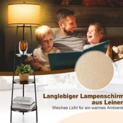 Stehlampe mit Holzregale Belastbar bis 15kg Stehleuchte mit Leinen Lampenschirm