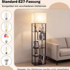 Stehlampe mit Regal 172 cm Hoch Stehleuchte mit 5 Ablagen Moderne Standleuchte mit Lampenschirme
