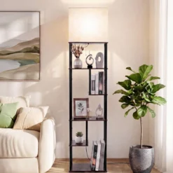 Stehlampe mit Regal 172 cm Hoch Stehleuchte mit 5 Ablagen Moderne Standleuchte mit Lampenschirme