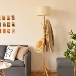 Stehleuchte Garderobenständer mit 6 Haken Stehlampe Holz E27 Fassung für Wohnzimmer Schlafzimmer Büro 180cm