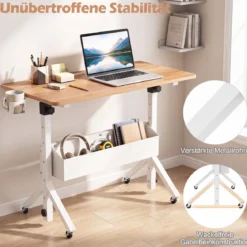 Stehpult Höhenverstellbar 70-117 cm Mobiler Schreibtisch auf Rollen mit Stoffkorb Tablet-Rille Natur