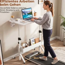 Stehpult Höhenverstellbar 70-117 cm Mobiler Schreibtisch auf Rollen mit Stoffkorb Tablet-Rille Weiß