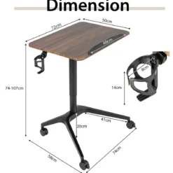 Stehschreibtisch Sitz-Steh Schreibtisch mit Arbeitsplatte und 4 Rollen 72 x 50 x 74-107 cm Braun + Schwarz